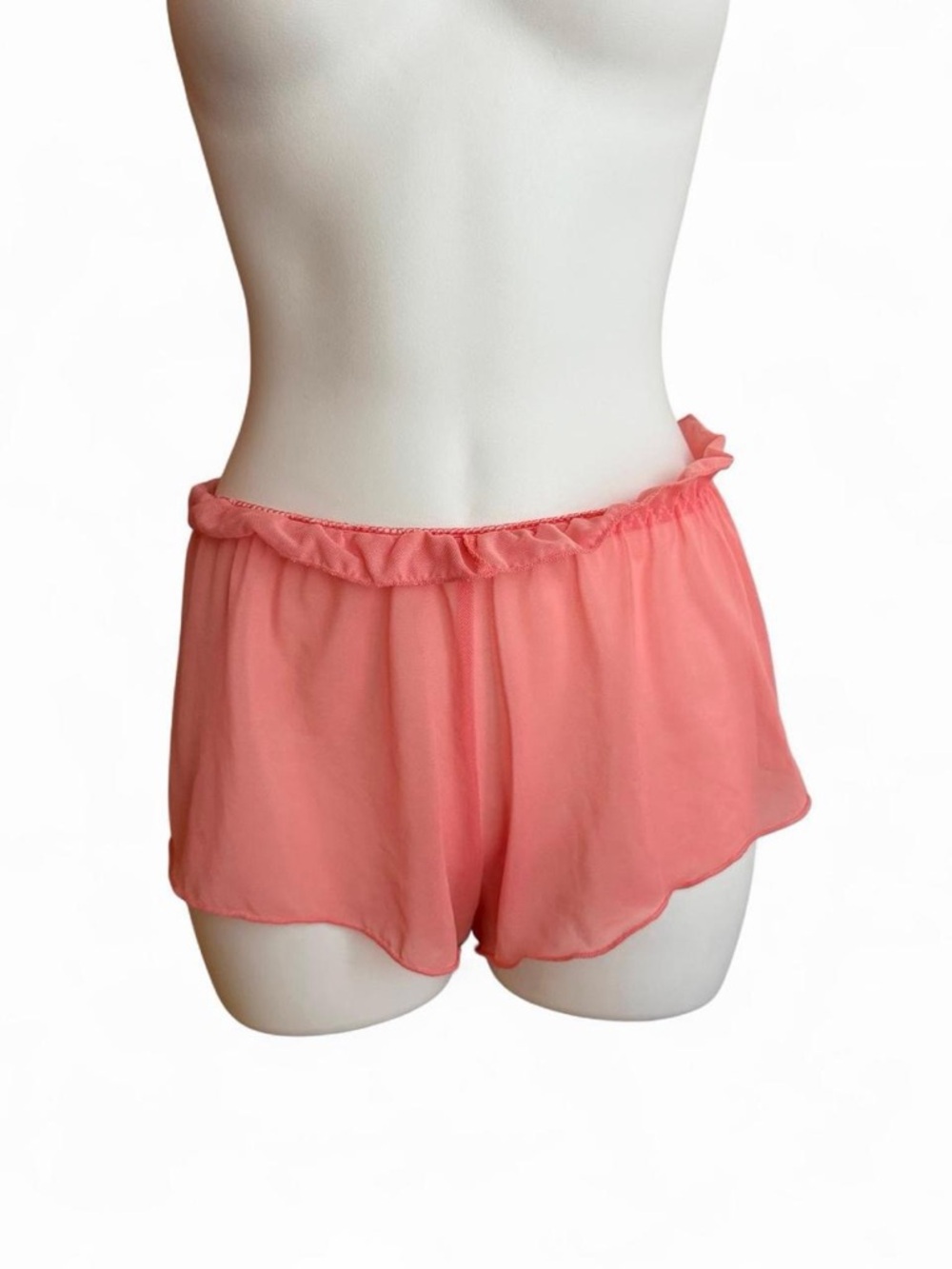 Sheer Coral Pink Ruffle-Trim Sleep Shorts